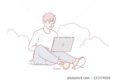 Smiling guy sit outdoors work on computer 131374008