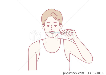 Smiling man brushing teeth in morning 131374016