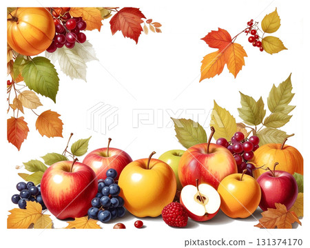Autumn fruit and fallen leaves frame 131374170