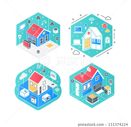 smart homes interconnected devices systems stylized isometric illustrations 131374224