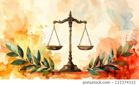 Watercolor illustration of balanced justice scales with green olive branches, painted on textured paper with warm earthy tones. Symbol of fairness, equality, law, and peaceful resolution 131374332