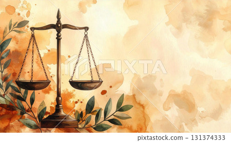 Watercolor illustration of balanced justice scales with green olive branches, painted on textured paper with warm earthy tones. Symbol of fairness, equality, law, and peaceful resolution 131374333