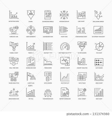 collection business analytics dashboard line icons data visualization performance tracking, Up Funnel Datapoint Comparison Trend 131374360
