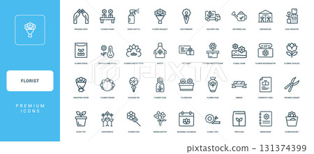 florists business floral arrangements collection linear icons, gift card preservation apron flower foam floral 131374399