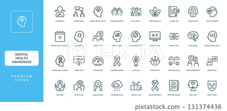 mental health awareness line icons psychological well-being, digital icon neurodiverse anxiety detox wave storm brain 131374436