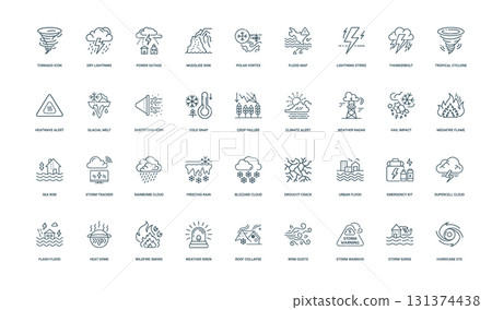 collection natural weather disaster forecast line icons environmental hazards, weather climate crop cold snap alert failure radar 131374438