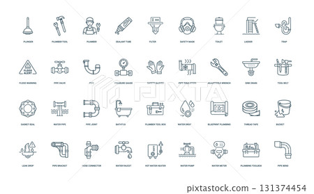 collection plumbing-related icons tools fixtures concepts associated plumbing work, sealant plumber maintenance toolbox collection plumbing-related icons tools fixtures concepts associated plumbing work, sealant plumber maintenance toolbox 131374454