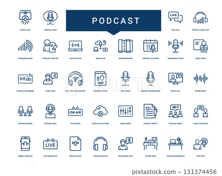 collection podcast-themed icons podcast creation production distribution, wave call guest stand mic sound microphone 131374456
