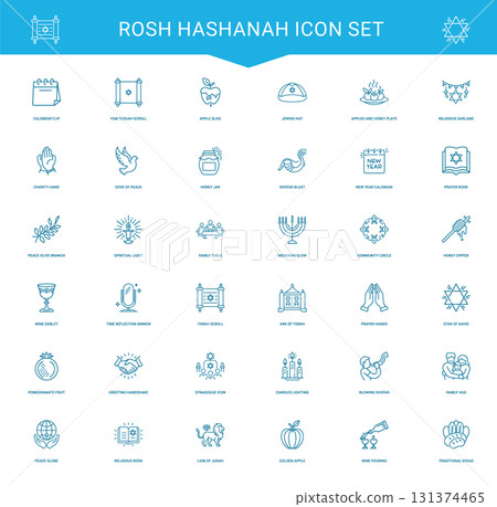 collection rosh hashanah-themed icons symbols traditions associated jewish new year, shofar book branch prayer olive 131374465