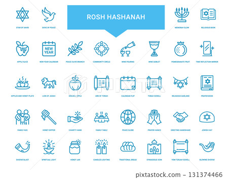 collection blue-line icons symbols traditions associated jewish holiday rosh hashanah, Torah calendar lion apple flip golden 131374466