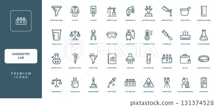 chemistry laboratory  essential equipment tools collection line icons 131374528