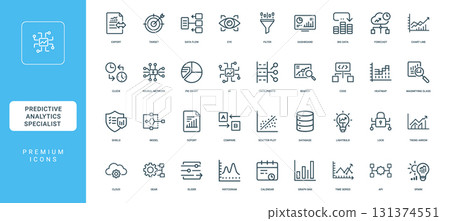 predictive analytics data analysis statistical modeling, engineering transformation solutions data innovation, minimal thin line web outline icons collection, simple vector illustration 131374551