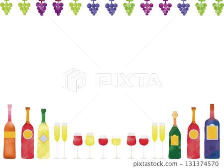 Watercolor wine glass, bottle and grape frame 131374570