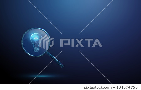 3d blue magnifying glass with a light bulb inside. Idea discovery, innovation, creative thinking, problem-solving, insight, research concept. Low poly digital futuristic style, wireframe. Vector. 131374753