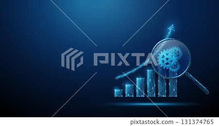 Growing bar chart with upward arrow under magnifying glass with gears inside. Process optimization, business efficiency, economic growth concept. 131374765