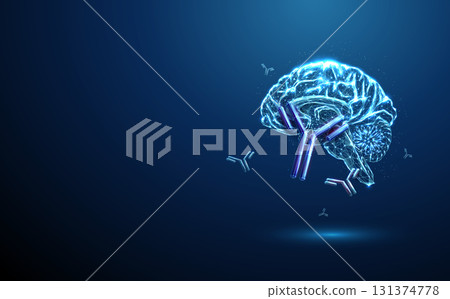 Blue 3d human brain with floating antibodies around. Autoimmune brain diseases, neurological diagnostics, antibody-based immunotherapy concept. 131374778