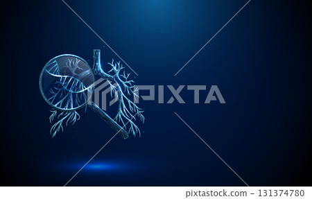 Blue 3d human bronchial tree with magnifying glass and DNA inside. Genetic research, molecular diagnostics, pulmonary disease analysis concept. 131374780