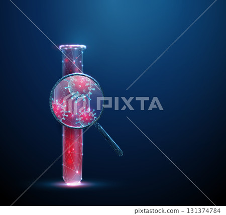3d test tube with blood under a magnifying glass with red viruses inside. Viral detection, laboratory research, disease prevention concept. 131374784