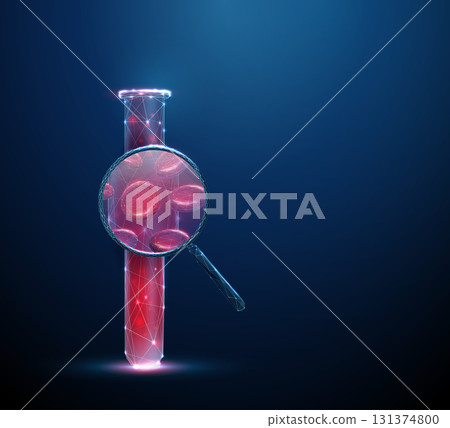 3d test tube with blood under magnifying glass with red blood cells inside. Hematology, medical diagnostics, laboratory research concept. 131374800