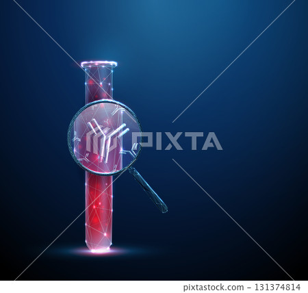 3d test tube with blood under magnifying glass and antibodies inside. Serological testing, immune profiling, personalized medicine concept 131374814