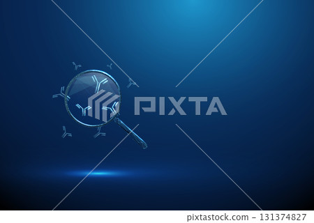 3d blue antibodies under magnifying glass. Infection detection, medical research, disease prevention, health monitoring, biotechnology concept. 131374827