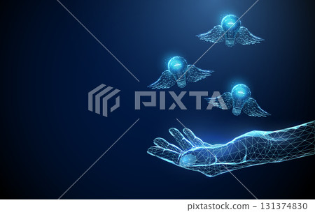 Human 3d hand with flying light bulbs with wings. Inspiration, idea generation, imagination, vision, knowledge sharing, freedom of thought concept. 131374830