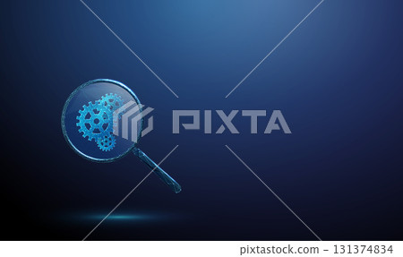 Gears under a magnifying glass. Process analysis, automation, system optimization, quality control, efficiency, diagnostics, algorithm testing concept. Gears under a magnifying glass. Process analysis, automation, system optimization, quality control, efficiency, diagnostics, algorithm testing concept. 131374834