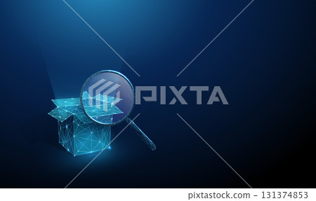 3d ble open box under a magnifying glass. Verification, quality control, idea analysis, innovation, safety compliance, logistics management concept. 131374853