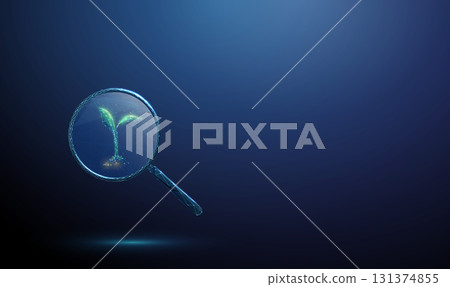 3d green plant under a magnifying glass. Plant growth monitoring, analysis, diagnostics, pest control, biological research, ecology, concept. 131374855
