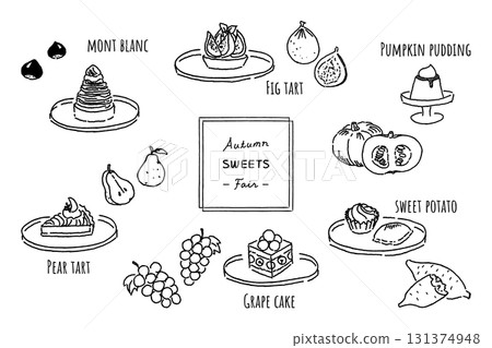 Hand drawn line drawing of autumn sweets fair sweets set (Mont Blanc, fig tart, pumpkin pudding, pear tarte) 131374948