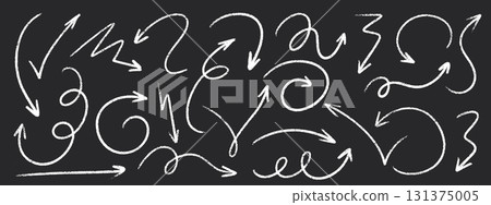 Chalk arrow collection with crayon texture on blackboard - curved, spiral and wavy directional elements for navigation or presentation. Hand drawn white pointers with various shapes and styles. 131375005