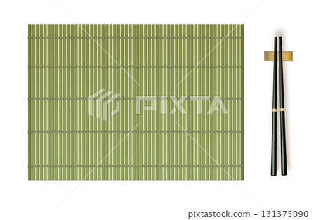 Bamboo sushi mat for table. Japanese bamboo sushi roller. Kitchen utensil for maki making. Vector 131375090
