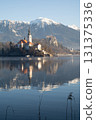 Winter View of Lake Bled with Church and Snowy Mountains, Slovenia 131375336