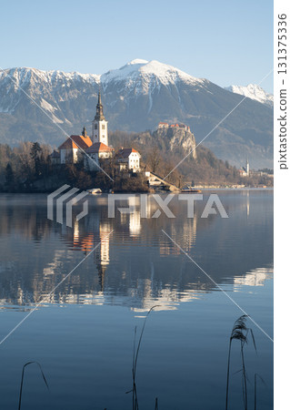 Winter View of Lake Bled with Church and Snowy Mountains, Slovenia Winter View of Lake Bled with Church and Snowy Mountains, Slovenia 131375336