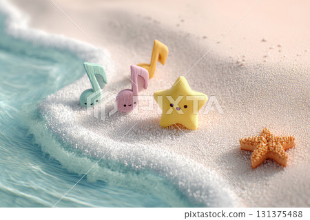 木製工藝品，音符和星星在沙灘上嬉戲（3D） 131375488