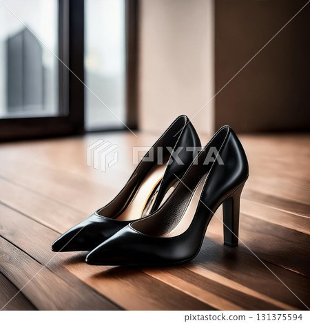 Elegant Black High Heels on Wooden Floor 131375594