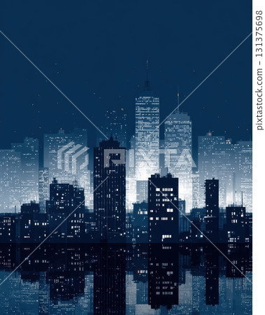 digital illustration of a glowing night city skyline in dark blue and white tones, reflected in calm water digital illustration of a glowing night city skyline in dark blue and white tones, reflected in calm water 131375698