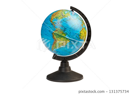 Colorful small globe displays the continents of North and South America, highlighting geographical features and boundaries isolated on white background 131375734