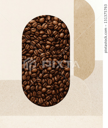 an artistic minimalist composition with roasted coffee beans arranged inside a geometric beige background 131375763