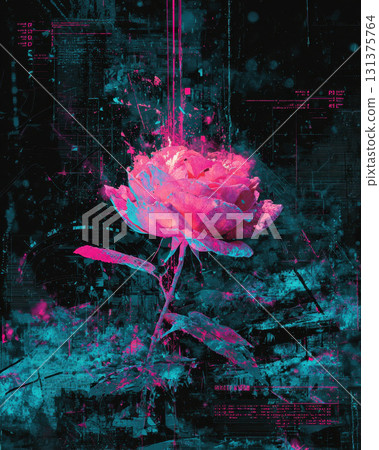 a glowing neon pink and blue rose in a futuristic digital abstract background 131375764