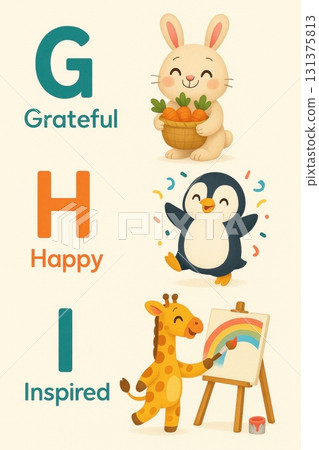 an educational alphabet poster featuring a rabbit, penguin, and giraffe representing the letters G, H, and I with emotions 131375813