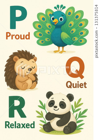 an educational alphabet poster featuring a peacock, hedgehog, and panda representing the letters P, Q, and R with emotions 131375814