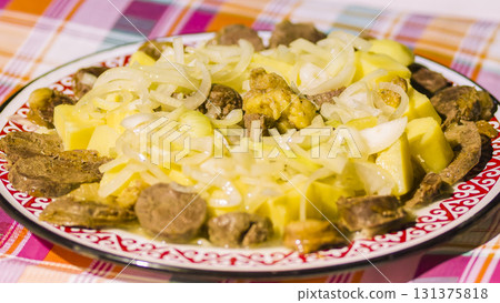 Traditional Kazakh dish "Bishbarmak" 131375818