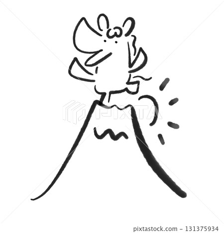Smiling cute horse, Mt. Fuji and first sunrise of the year 2026, brush-drawn, monochrome, New Year's material 131375934