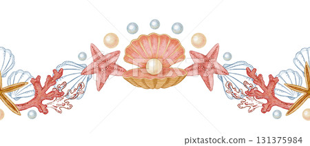 Wavy seamless border of seashell with pearl and starfish in watercolor. Hand drawn line art with red coral in colored pencil sketch. Great for summer travel card. Perfect for nautical coastal print. 131375984