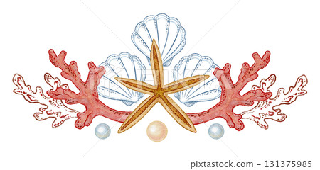 Five pointed starfish and seashell with pearl watercolor design. Hand drawn line art with coral in colored pencil style. Great for summer travel card or holiday print. Perfect for coastal project. 131375985