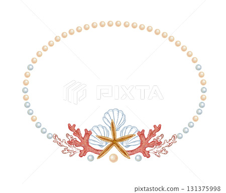 Oval horizontal wreath of pearl and five pointed starfish in watercolor and outline. Hand drawn line art in colored pencil sketch. Great for wedding invitation. Perfect for nautical card template. 131375998