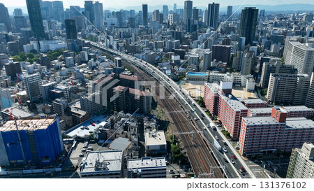Drone aerial view of modern city and railway tracks 131376102