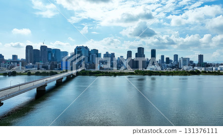 Drone aerial view of modern city and blue sky 131376111