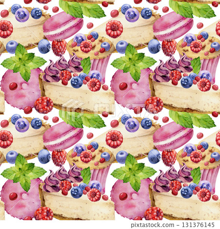 Cheesecake and berry macaron topped with mint leaves, scattered raspberry and blueberry hand painted in watercolor. Isolated seamless pattern for culinary kits, food party invites, kitchen labels. Cheesecake and berry macaron topped with mint leaves, scattered raspberry and blueberry hand painted in watercolor. Isolated seamless pattern for culinary kits, food party invites, kitchen labels. 131376145